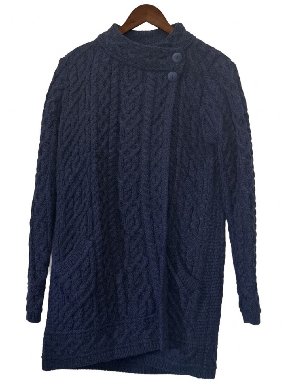 Aran Crafts Merino Wool Asymmetrical Button Cable Knit Cardigan Sweater Navy Med
